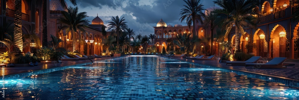 Large swimming pool area in a luxury hotel resort.