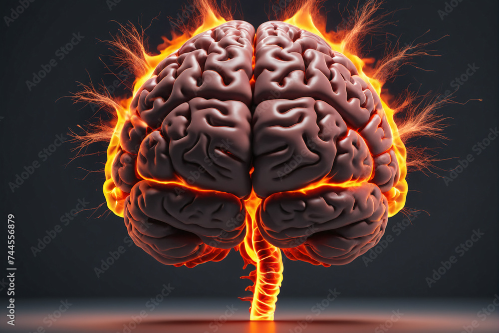 Illustration of a front view of brain on fire, disease concept like Parkinson, Alzheimer, dementia or multiple sclerosis Illustration of a front view of brain on fire, disease concept like Parkinson, Alzheimer, dementia or multiple sclerosis