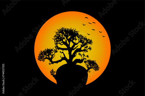 boab tree with moon and birds flying around the tree. Baobab Tree landscape Australian patriotic symbol. Andasonia tree silhouette icon and sun light gradient, vector isolated on black background