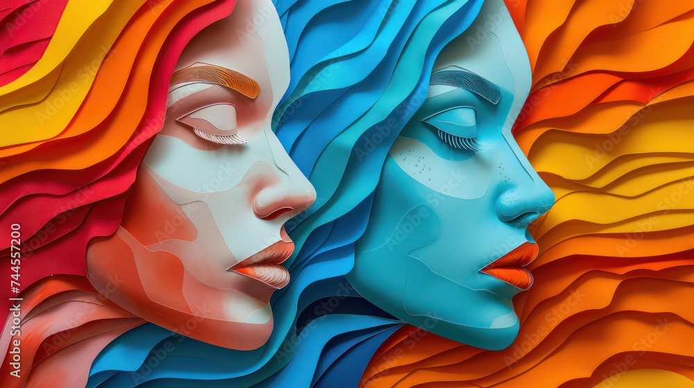 Obraz premium Colorful paper art of two women. International Women's Day concept.