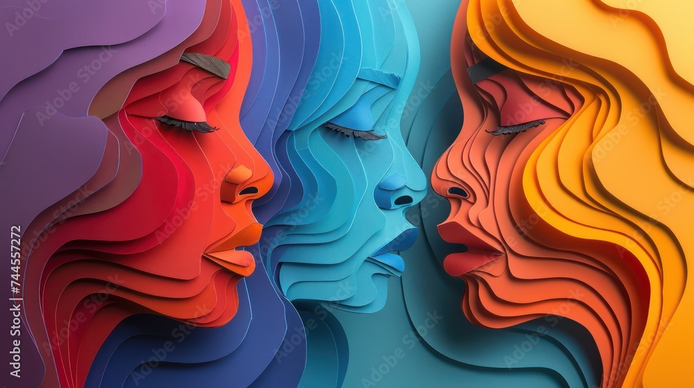 Colorful paper art of two women. International Women's Day concept.