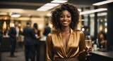Black business woman standing celebrating holiday in modern office holding glass of champagne