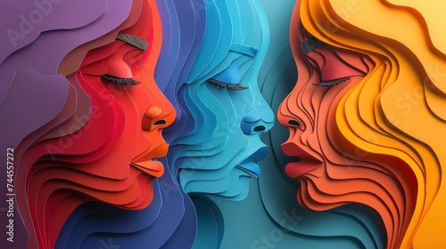 Colorful paper art of two women. International Women s Day concept.