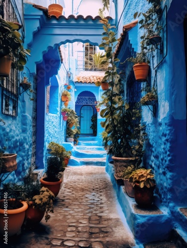 Narrow Alley With Blue Walls and Potted Plants. Printable Wall Art. © pham
