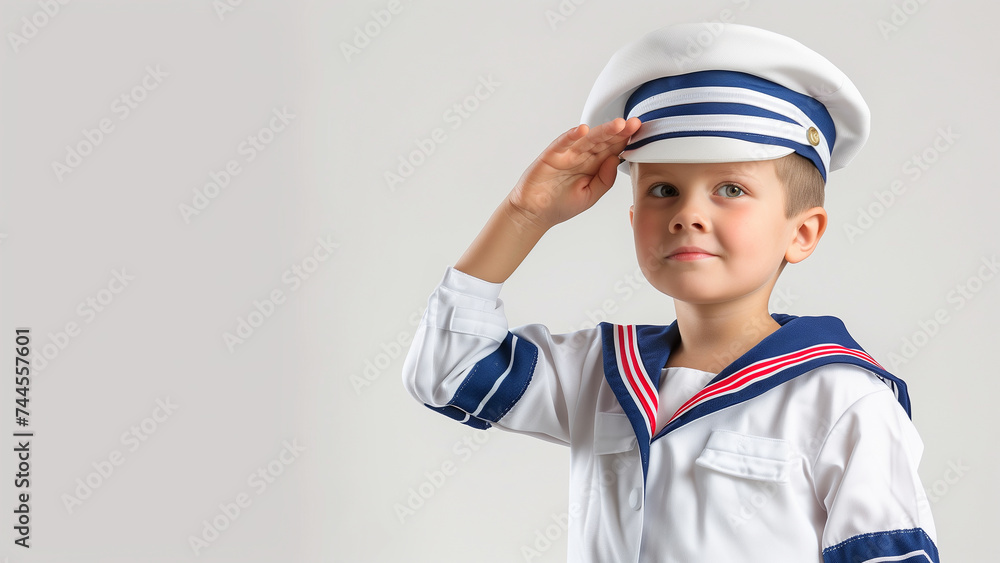 Child wearing sailor, navy uniform. Kid learning various career concept, copy space Child wearing sailor, navy uniform. Kid learning various career concept, copy space