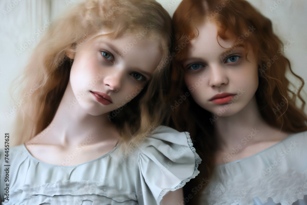 Obraz premium Portrait of two young girls in simple white dresses.