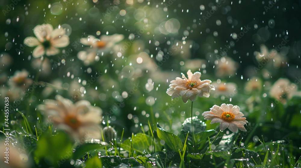 A gentle spring rain nourishing a blooming flower garden. - obrazy, fototapety, plakaty 