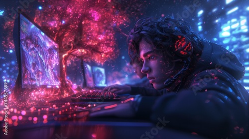 Gamers who are interested in playing games on their computers. Surrounded by a fantasy world Includes demonic trees, dragons, and magic with digital neon lines. Imagination of the world of gaming