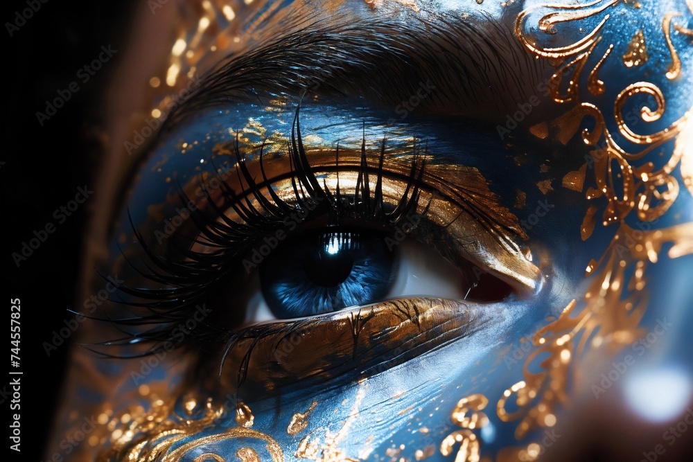 close view of woman's eye with decorative art makeup on her face - obrazy, fototapety, plakaty 
