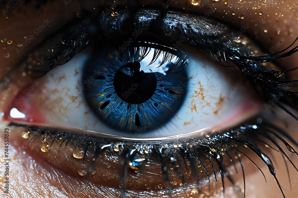 close view of woman's eye with decorative art makeup on her face - obrazy, fototapety, plakaty 