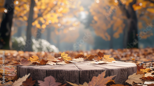 A serene autumn landscape with fallen leaves and a wooden podium, providing a calming backdrop for nature-inspired products