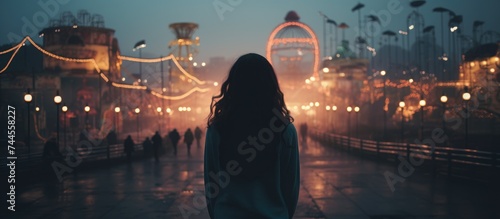 Lonely girl without friends at theme park feeling sad photo