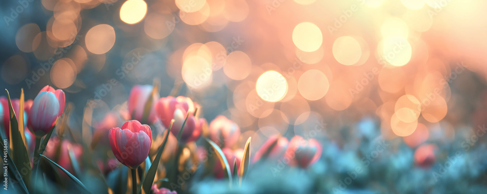 Pink Tulip Flowers on a pastel spring gold bokeh background with bokeh defocused glitter for Easter day backdrop with empty space for text. Happy Easter template celebrate - obrazy, fototapety, plakaty 