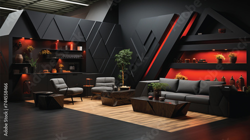 Modern living room with fireplace interior of a room, black 3d render.
