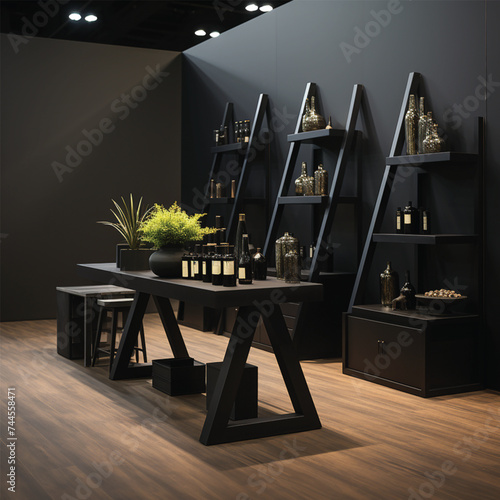 Modern dining room with table interior of a room, black 3d render.