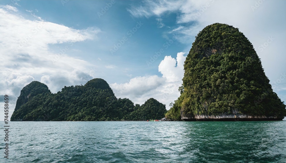 tropical islands on a bright sunny day, view from boat