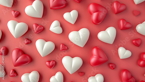 red and white heart shapes on pink background in art 
