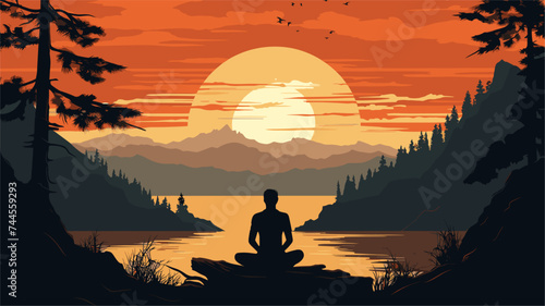 Silhouette of a person in a contemplative yoga pose surrounded by nature. simple Vector art