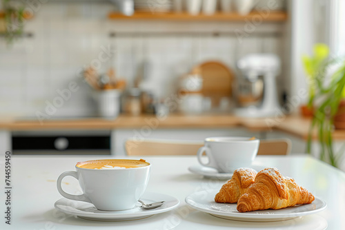 Cups of coffee and fresh croissant on white table with kitchen