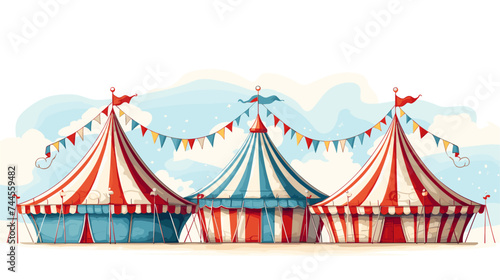 Whimsical carnival tents with striped patterns and flags. simple Vector art