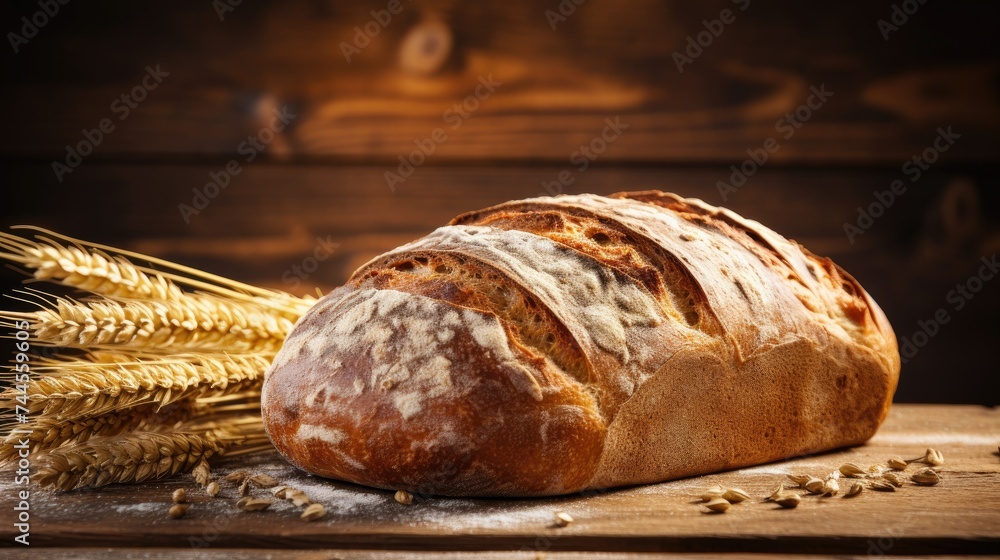 A fresh loaf of bread with ears of rye and wheat on a wooden background. Home production. Healthy carbohydrates, natural products. A fresh loaf of bread with ears of rye and wheat on a wooden background. Home production. Healthy carbohydrates, natural products.