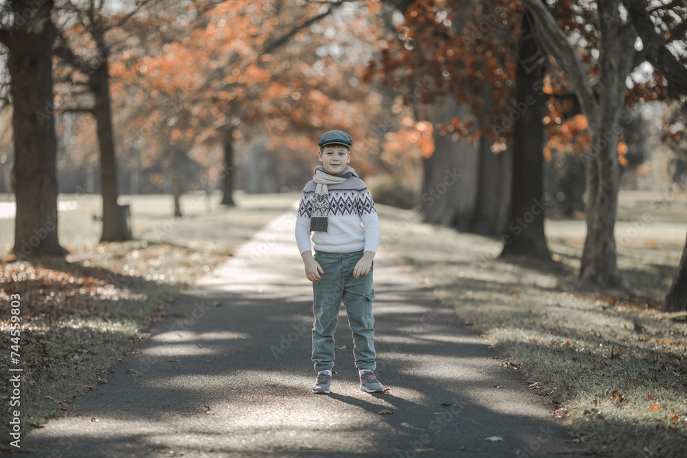 Fototapeta premium Fall. child walking away into the golden trees alley. Foliage with background of autumn trees landscape. maple leaves.