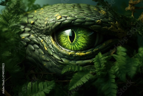 Emerald green eyes of a snake coiled around a tree branch