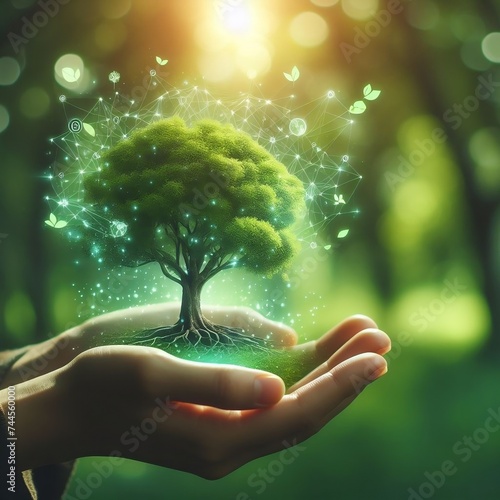  hand-holding tree on blur green nature background. concept eco earth day generative ai