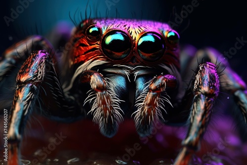 Extreme macro of a jumping spider's multiple eyes with city lights reflected in them