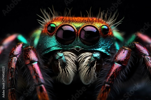 Extreme macro of a jumping spider's multiple eyes with city lights reflected in them