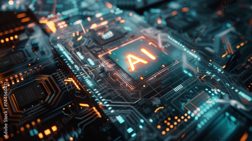 A sophisticated AI chip embedded within a complex circuit board, showcasing advanced technology.