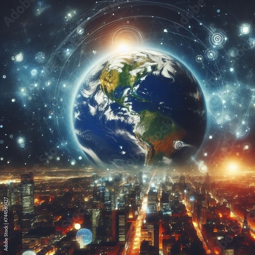  Planet earth on the background of blurred lights of the city. Concept on business, politics, ecology and media. Elements of this image furnished by NASA created with generative ai.