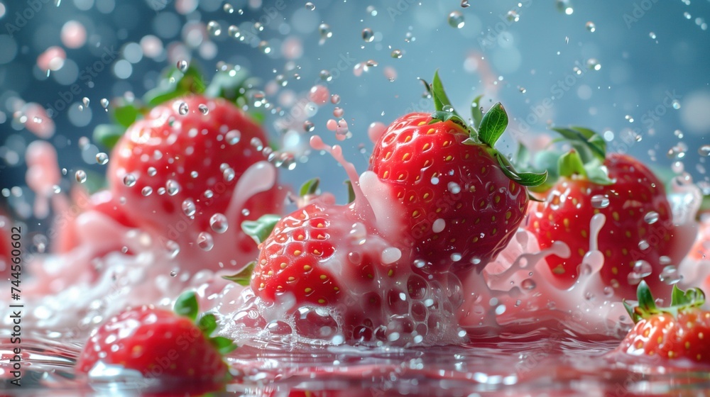 Strawberries fell into the milk and milk splashed into the air.
Strawberries fell into the milk and milk splashed into the air.