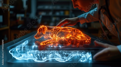 The veterinarian touches the hologram and scans the dog's structure. Diagnose your dog's illness medical technology concept. © PT