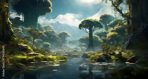 a forest setting with ponds and trees with moss