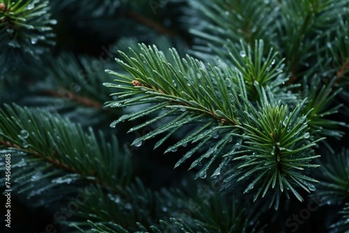 Frosted tips of evergreen needles on a misty morning