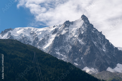 The Aiguille du Midi, a 3,842-metre-tall mountain in the Mont Blanc massif within the French Alps, popular tourist destination accessible by cable car from the centre of Chamonix, Haute Savoie, France