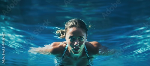 Top view of a gorgeous female swimmer in a pool. Skilled athlete doing freestyle front crawl. Focused competitor training to win a championship.