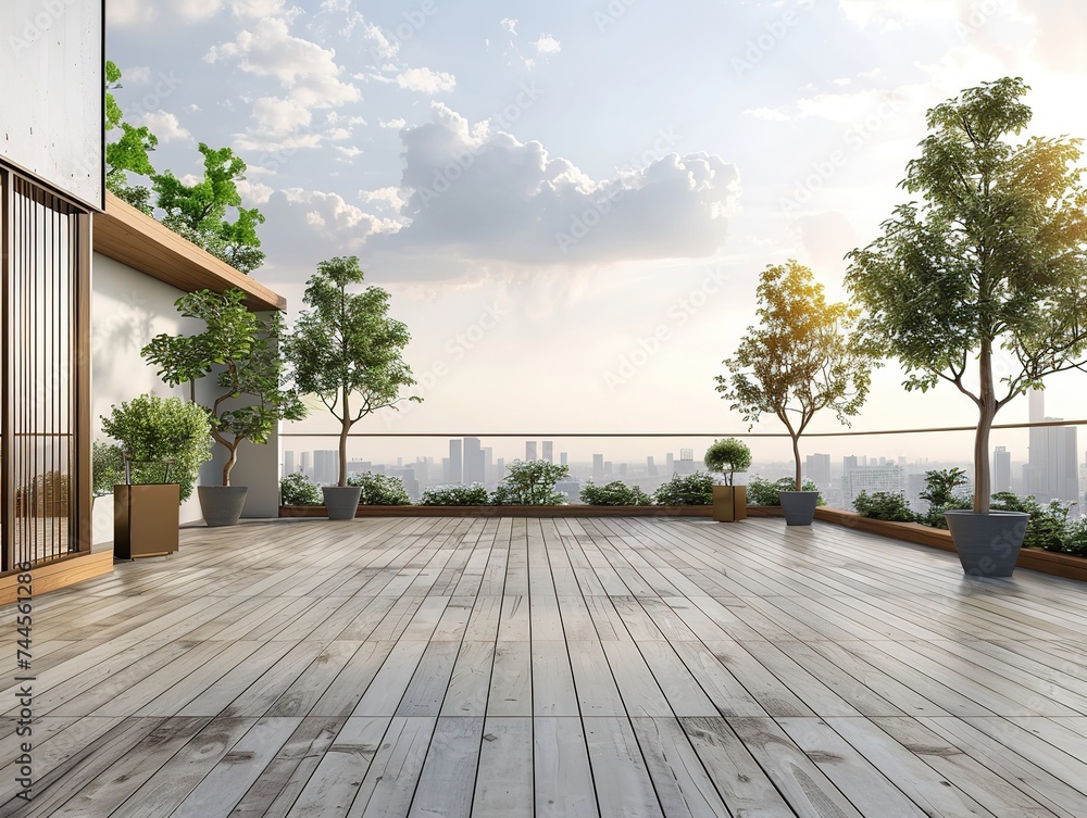 Fototapeta premium Empty outdoor roof terrace with potted plants in minimal style