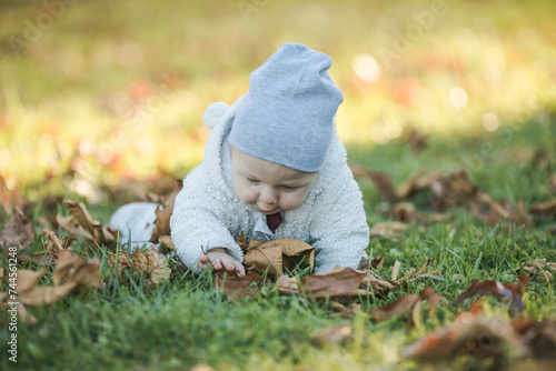 Adorable baby crawling in fallen leaves in morning sunlight.