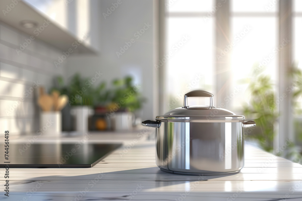 Stainless cooking pot in the kitchen interior Stainless cooking pot in the kitchen interior