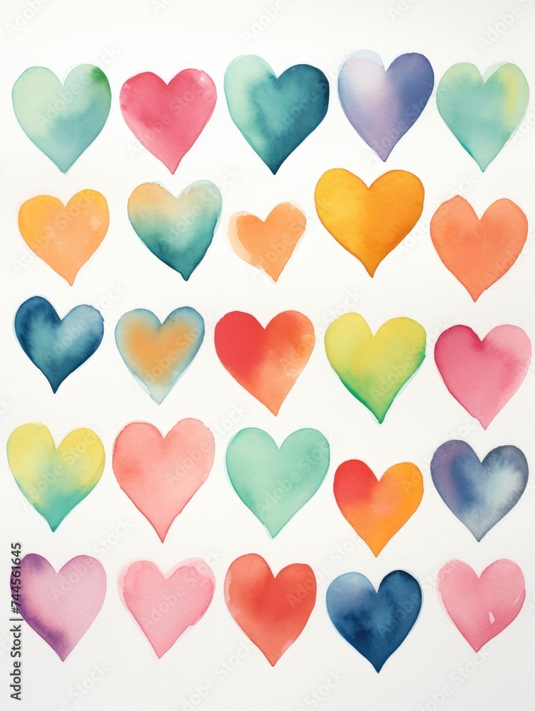 Watercolor Hearts Collection on White Background. Printable Wall Art.