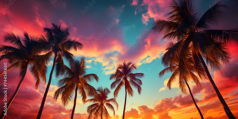 Colorful retro vibes merge with nature palm trees in bold hues. Concept Retro Vibes, Colorful Props, Nature, Palm Trees, Bold Hues