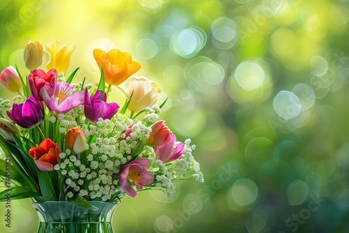 Fresh cut spring flowers in vase on green blurred background