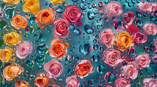 Colorful roses pattern  slightly overcrowded  with some water drops. Photorealistic. Fine exposure on a sunny day.