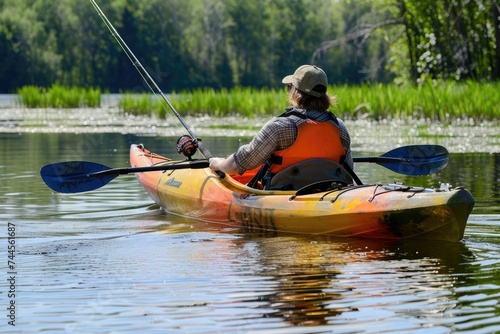 A man on an inflatable boat with oars on the lake. Close-up. Side view.