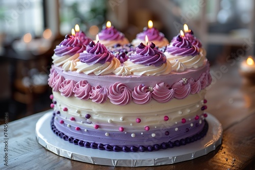 Three layer purple big birthday cake