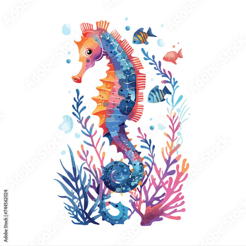 Fototapeta Naklejka Na Ścianę i Meble -  Seahorse and Fish as Sea Animal Floating Underwater