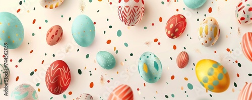 Easter poster featuring a pattern of colorful painted eggs. Photorealistic.