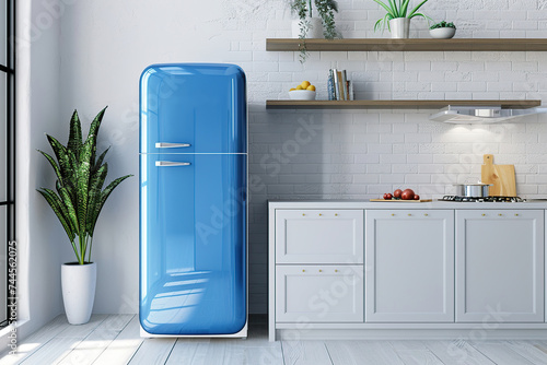 Scandinavian kitchen interior with modern blue refrigerator